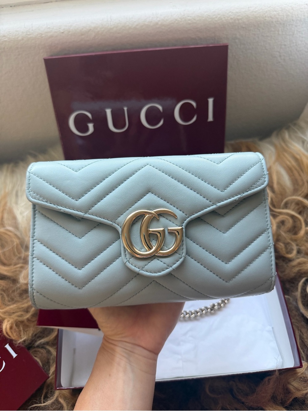 Gucci Pale Blue GG Marmont Quilted Crossbody Wallet